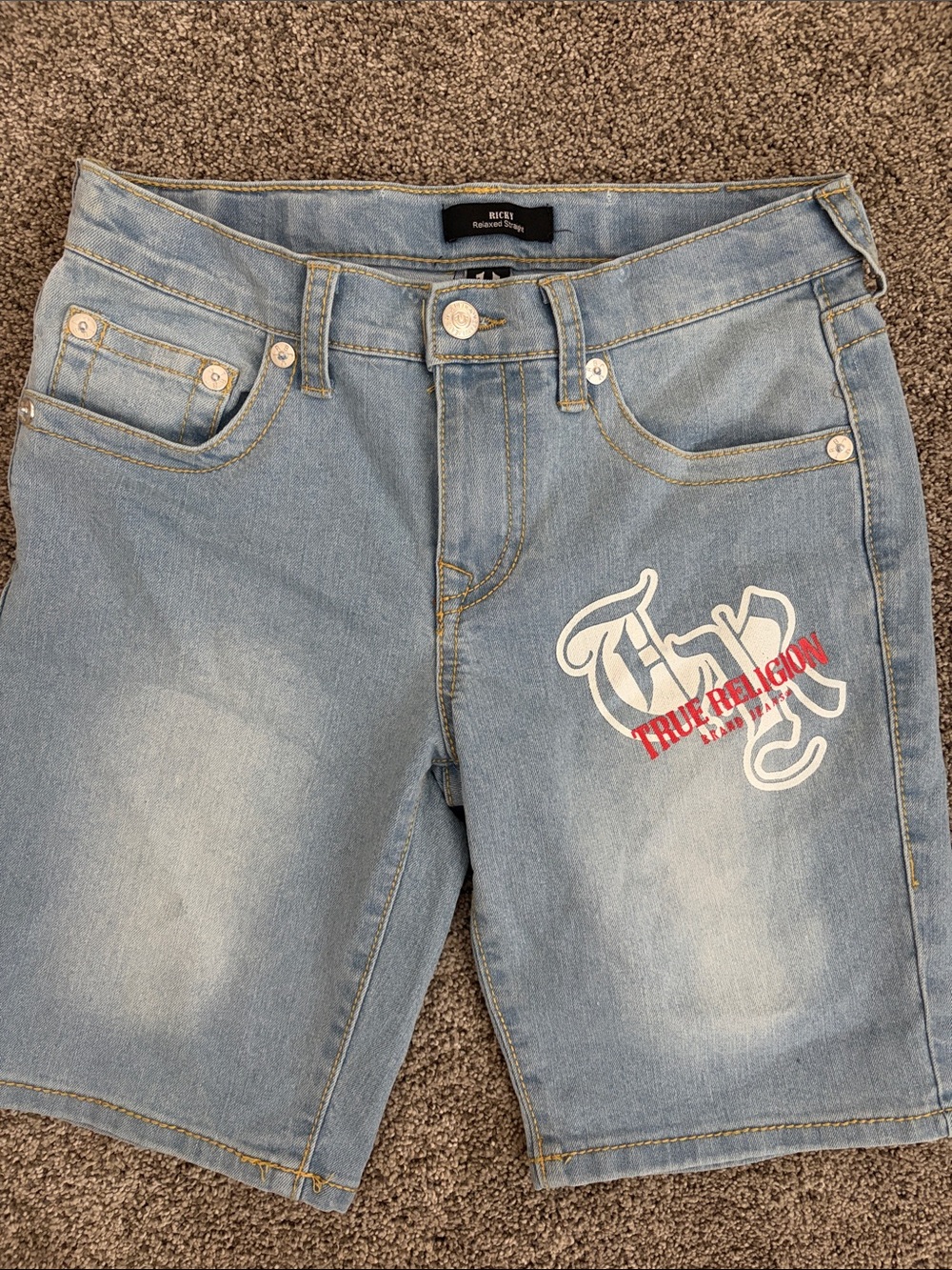 True Religion Light Blue Denim Logo Shorts